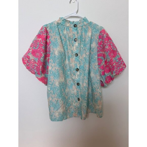 THML Judy Top Women XL Balloon Sleeve Mock Neck Button Back Blouse Pink Blue - Picture 4 of 7